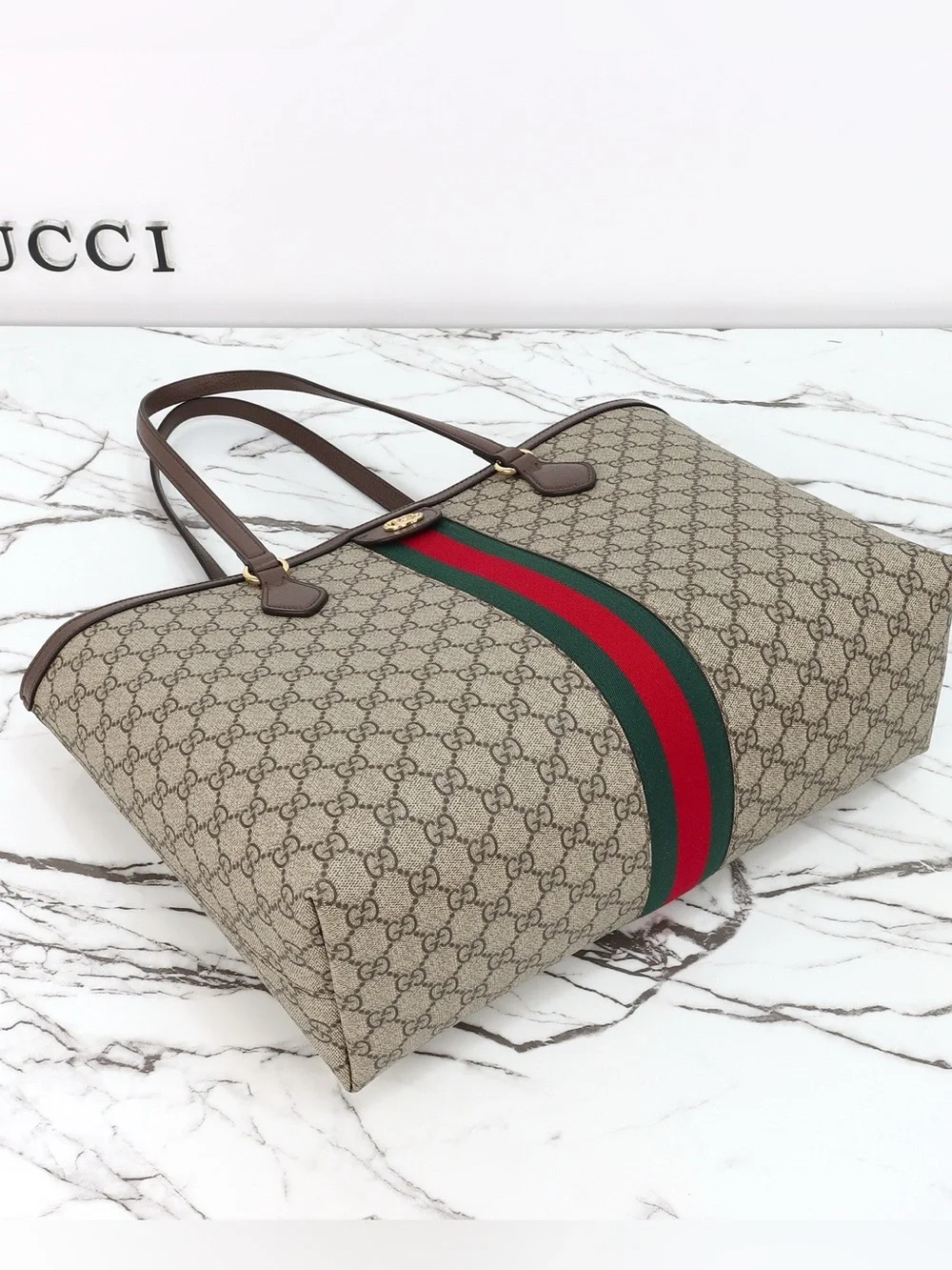 Gucci Beige Brown Monogram Tote with Green-Red Web